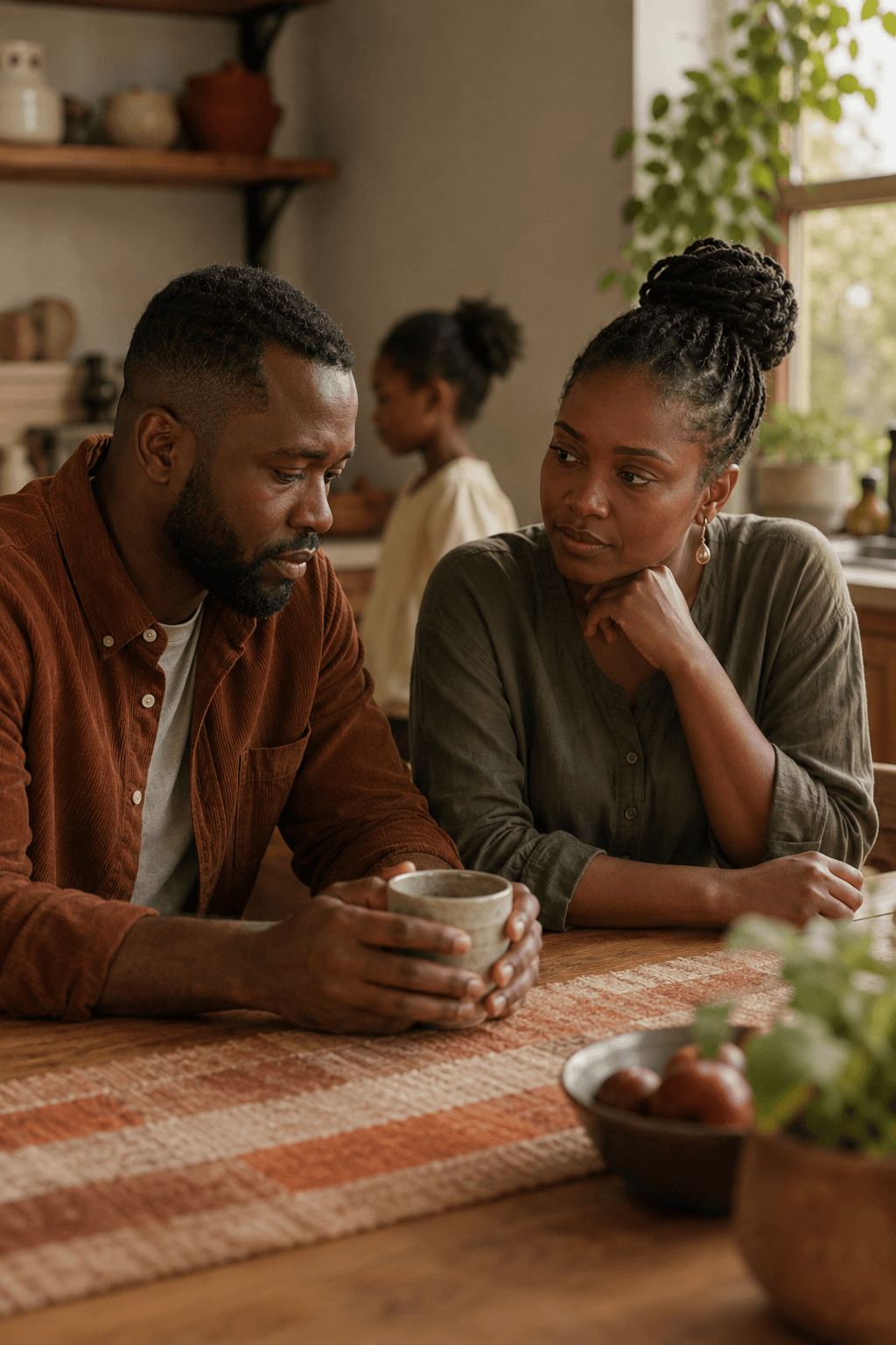 Both parents pausing together in a quiet, reflective moment at home