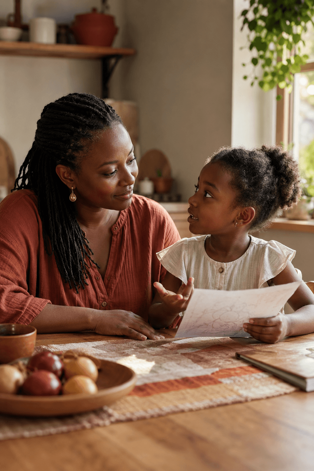 Parent listening as her child shares a drawing at the kitchen table