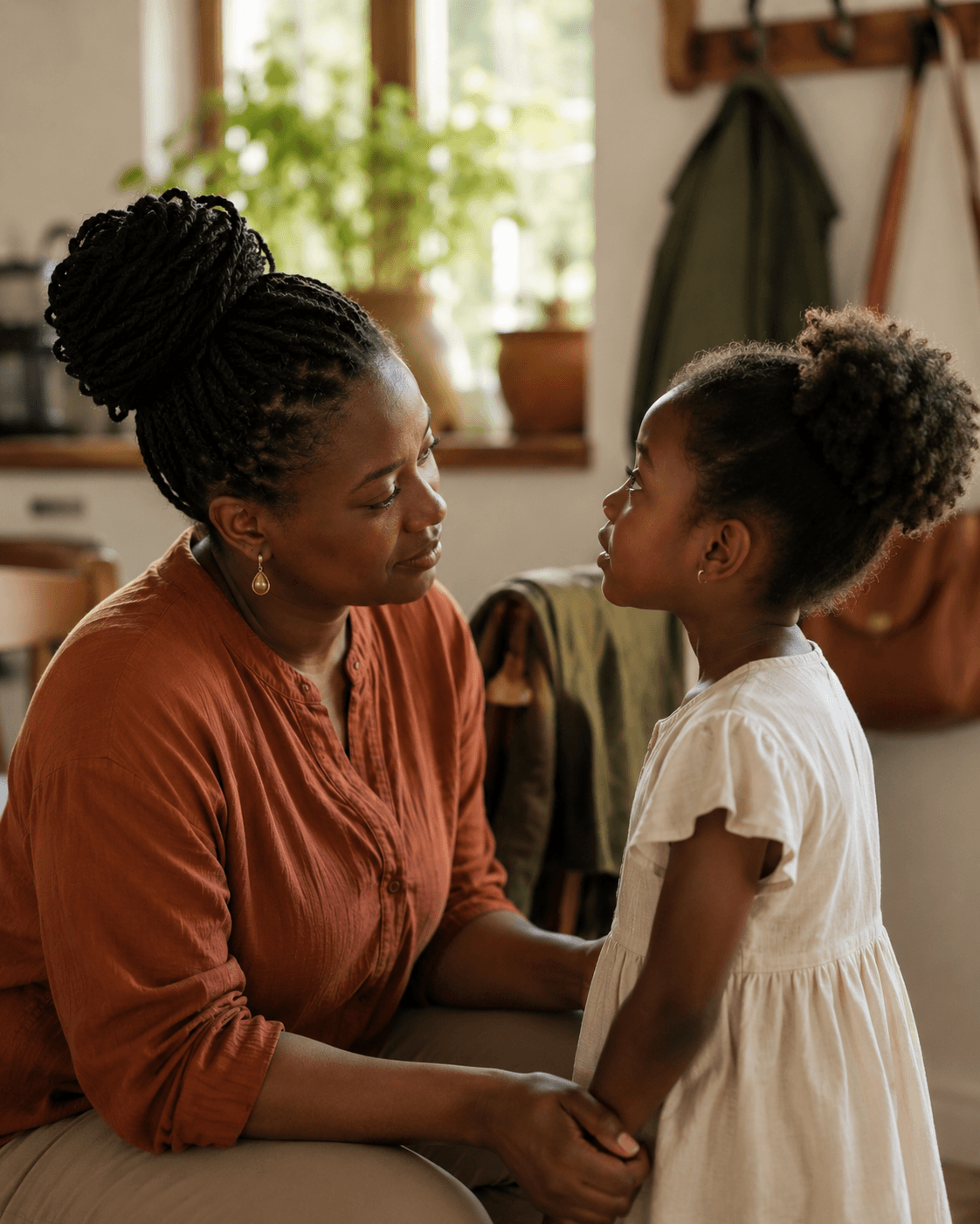 Parent kneeling to listen to her child at home